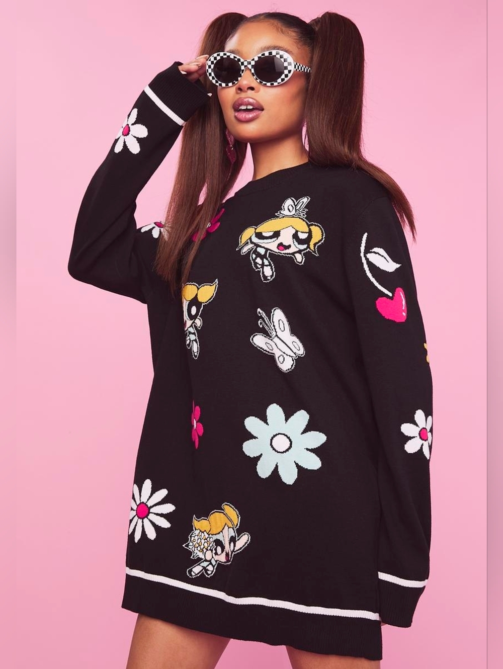 Dolls Kill x Powderpuff Black Cartoon And Flower Graphic Sweater - Picture 2 of 10